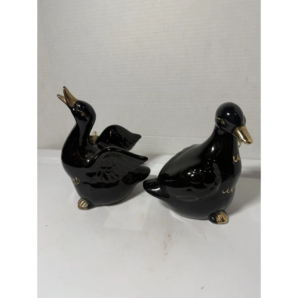 VTG Black Gold Ceramic Ducks Set Animal Figurines Made In Taiwan 6
